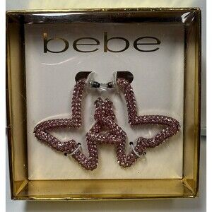 Bebe Pink Rhinestone Butterfly Hoop Earrings New